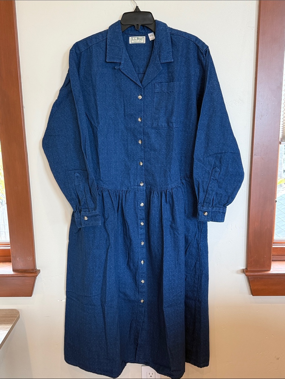 VTG 90s L.L. Bean 100% Cotton Long Sleeve Denim Midi Dress in Dark Wash size 18